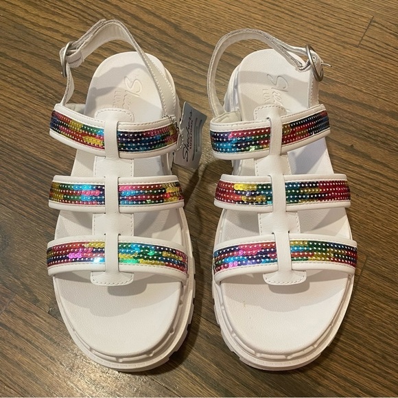 NWT Skechers Jammers Triple Rainbow Sequin Lug Sole Fisherman Chunky Sandals - Picture 2 of 12